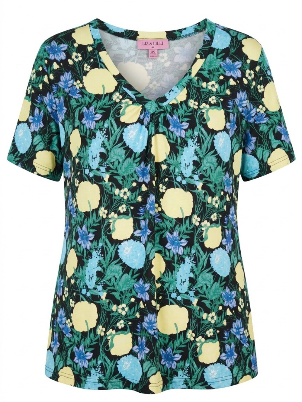 Black Floral V-Neck Short Sleeve Top — Yellow & Blue Bloom